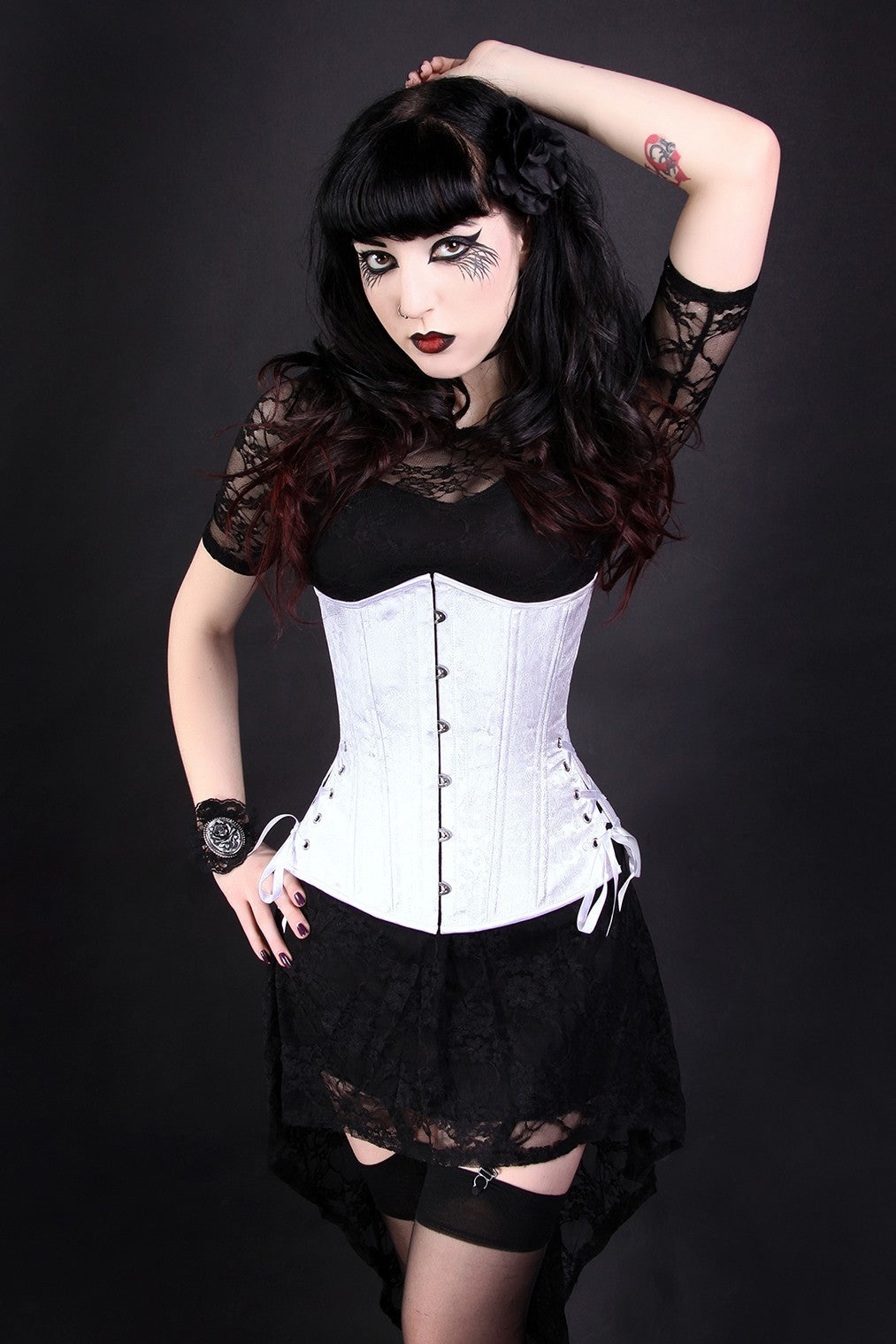 BUC-021 white brocade slim silhouette long length corset with hip ties, front view on model